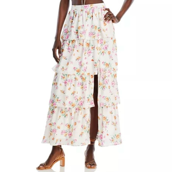 NWT WAYF Seanna Ivory Floral Printed Tiered Maxi Skirt Side Slit Lined Size M - Picture 8 of 8